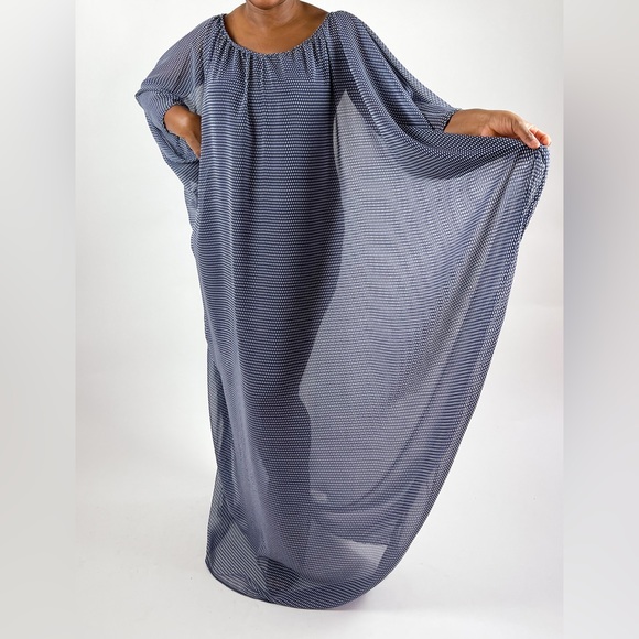 Blue and White Polkadot Chiffon Sheer Handmade Kaftan Maxi Dress - Picture 4 of 5